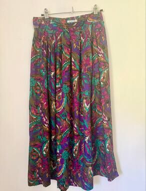 Vintage 80's Lee David Ltd Jewel Tone Purple Teal Floral Paisley Midi Skirt XS S